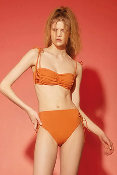 Shikoo Swimwear Drapeli Straplez Yüksek Bel Turuncu Bikini Takımı