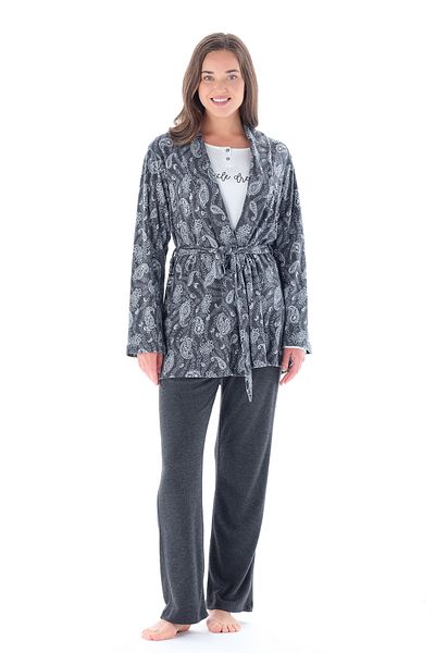 Feyza Pijama Women's Buttoned Collar Waist Tie Shawl Pattern Jacquard 3-Piece Pajamas Set