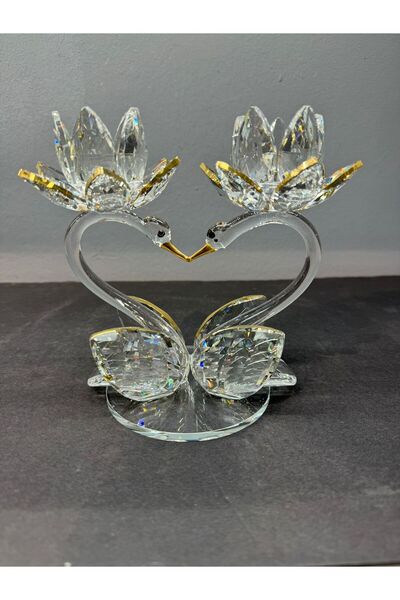 Peramari Dekoratif Kristal Cam Ikili Lotus Kuğulu Kalp Şamdan Gold
