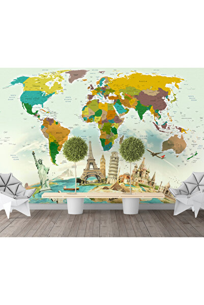 Plustablo Güncel Dünya Haritası Turizm Acentesi Dil Okulu için Dünya Mimarileriyle Duvar Kağıdı