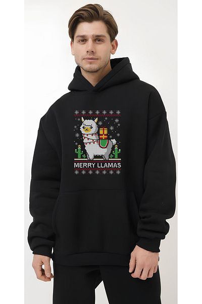 Edizen Πρωτοχρονιάτικο Special Merry Llamas 2024 Oversize Premium 100% βαμβακερό φούτερ με κουκούλα