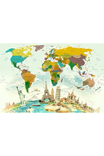 Plustablo Güncel Dünya Haritası Turizm Acentesi Dil Okulu için Dünya Mimarileriyle Duvar Kağıdı