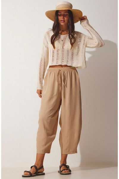 My Blog Women's Camel Color Elastic Waist Ayrobin Shalwar Trousers