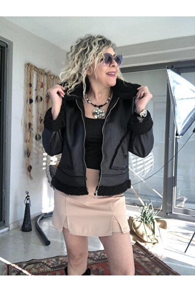 Dila Butik Yandan Cepli İçi Kuzu Deri Mont