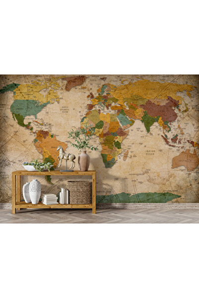 Plustablo Vintage Dünya Haritası Oteller ve Okullar İçin Retro Duvar Kağıdı