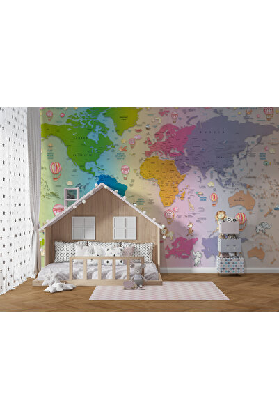 Plustablo Renkli Dünya Haritası Çocuk Odası ve Kreşler için Duvar Kağıdı