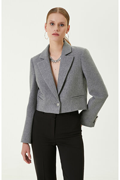 Network Çizgili Gri Crop Blazer Ceket