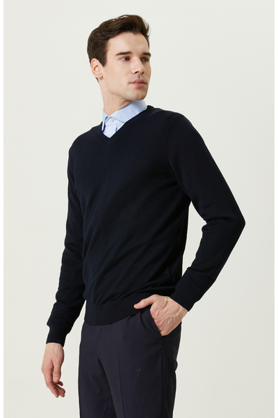 Network V Yaka Lacivert Triko Kazak