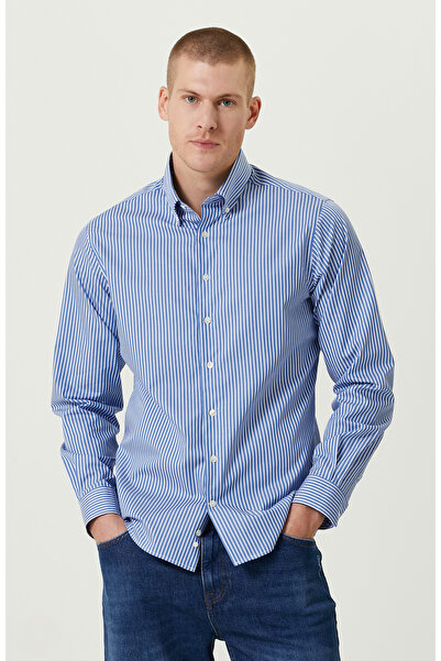 Network Pamuklu Mavi Beyaz Çizgili Gömlek