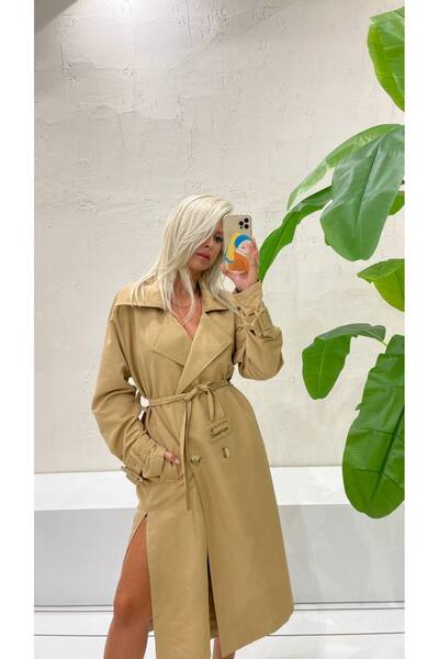 Pubblica Kadın Bej Kruvaze Yaka Geniş Kesim Oversize Bel Ve Kol Kemer Detaylı Uzun Trençkot
