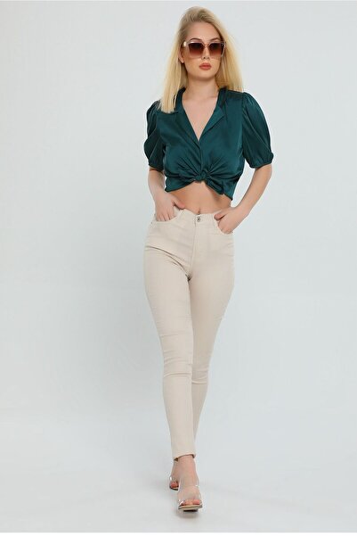 QİSSO Bež uske pantalone Visok struk kroja