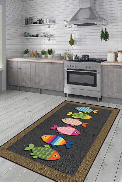 Modern home Balık Desenli Baskı Dot/Keçe Mutfak Halısı Makinada Yıkanabilir Halı