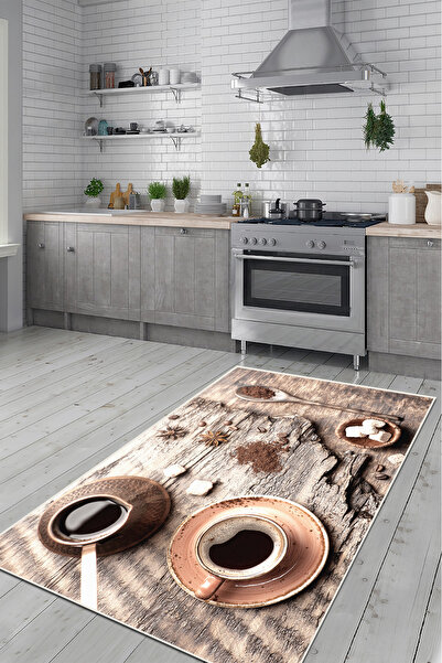 Modern home Kahve Temalı Baskı Dot/Keçe Mutfak Halısı Makinada Yıkanabilir Halı