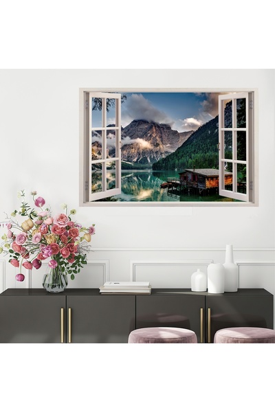 HDART Modern Soyut Pencerede Göl Manzaralı Ev Doğa Manzara Dekoratif Duvar Ka...