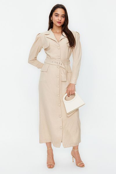 Trendyol Modest Gewebtes Hemdkleid im Leinen-Look mit Steingürtel und Knöpfen TCTSS24EB00017