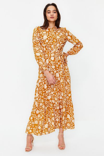 Trendyol Modest Mustard Small Floral Printed Ruffle Detailed Belted Woven Dress TCTSS21EL3340