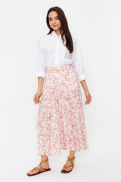 Trendyol Modest Εκρού φλοράλ μοτίβο πλισέ ελαστική φούστα στη μέση TCTSS23EE00018