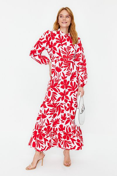 Trendyol Modest Dlaždice vzorované polopatchworkové široké bavlněné tkané šaty TCTSS23EB00222