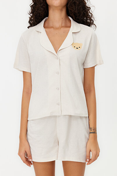 Trendyol Collection Bézs Teddy Bear kötött pizsama szett rövidnadrággal THMSS23PT00012