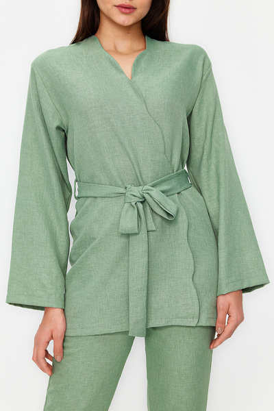 Trendyol Modest Khaki Belted Linen Look Kimono Trousers Woven Bottom Top Set TCTSS24US00005