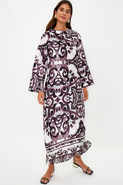 Trendyol Modest Hnědé saténové večerní šaty Jalabiya s etnickým vzorem TCTSS23DB00028