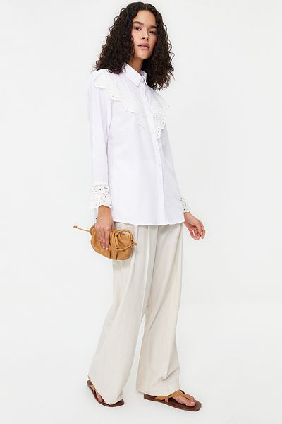 Trendyol Modest Ecru Embroidery Detailed Cotton Woven Shirt TCTSS24TG00018