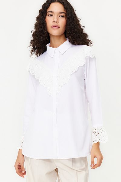 Trendyol Modest Ecru Embroidery Detailed Cotton Woven Shirt TCTSS24TG00018