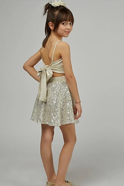 Tomac Παλ Παγιέτ Φούστα & Κροπ Ασημένιο Σετ Βραδινών Ρούχων Κοριτσιού