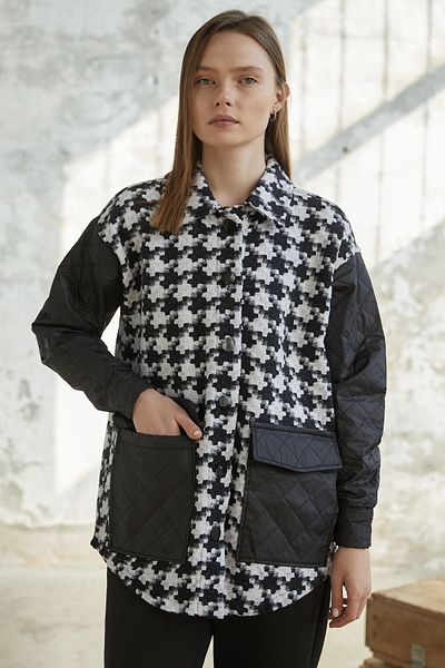 InStyle Houndstooth Pattern Quilted Jacket - Black