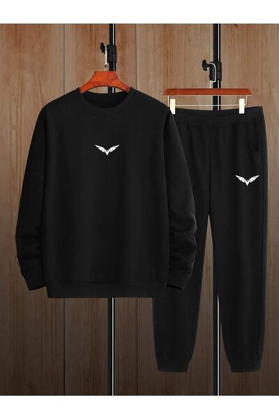 bellanova Siyah Wing Baskı Alt Üst Eşofman Takımı Oversize Bisiklet Yaka