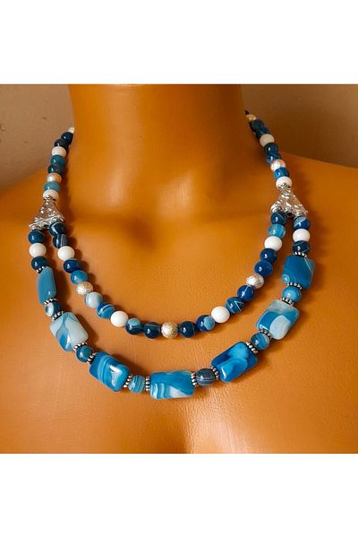 Asteria Elite Premium Series Blue White Agate 2 Row Evil Eye Protection and Mental Clarity Necklace Bracelet Set