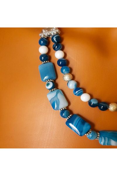 Asteria Elite Premium Series Blue White Agate 2 Row Evil Eye Protection and Mental Clarity Necklace Bracelet Set