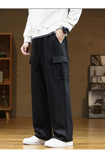 FİTGO Oversize φαρδύ εποχιακό Unisex μαύρο φούτερ με τσέπες Cargo