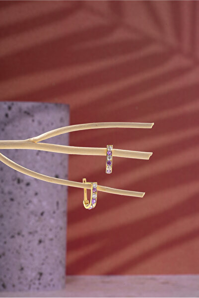 WOOW GOLD 14 Ayar Altın Küpe Mor Taşlı J Küpe