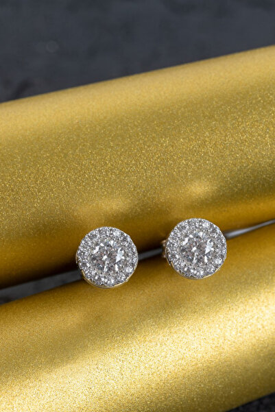 WOOW GOLD 14 Ayar Altın Küpe Papatya Modeli Tek Taş Küpe Beyaz Altın Vidalı