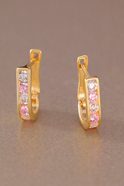 WOOW GOLD 14 Ayar Altın Küpe Pembe Taşlı J Küpe