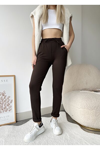 schlank Γυναικείο καφέ ψηλόμεσο ατσάλινο πλεκτό κορδόνι διπλό παντελόνι