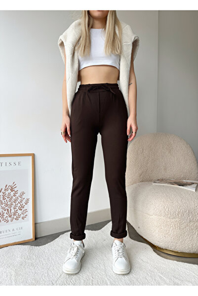 schlank Γυναικείο καφέ ψηλόμεσο ατσάλινο πλεκτό κορδόνι διπλό παντελόνι