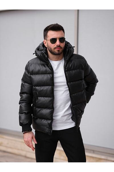 BASEL.CO Δερμάτινο πουπουλένιο παλτό με κουκούλα