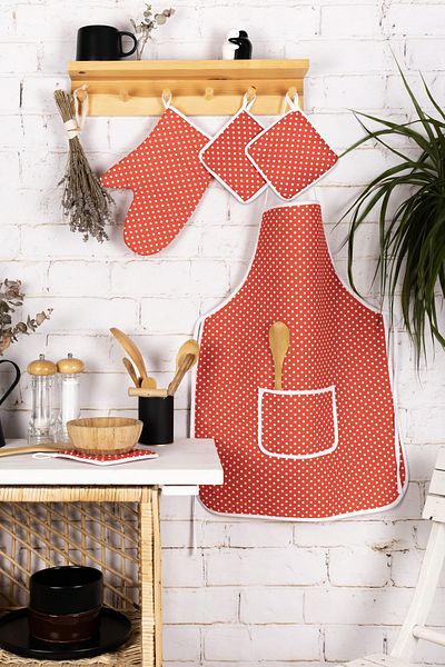 Morlay Kitchen Dowry Set of 4; Kitchen Apron, Oven Mitts and Pot Holder Set