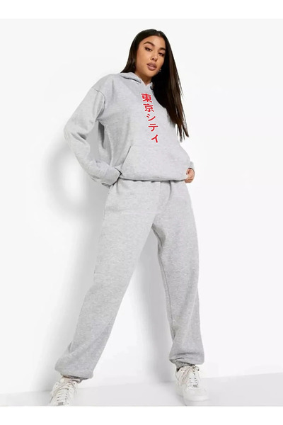 Sezon tekstil Japanese Printed Top and Bottom Tracksuit Set Oversize Hooded