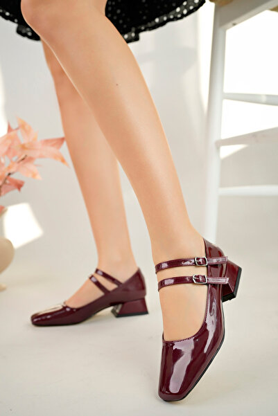 TOLGSHOES Kadın Kapalı Çift Bant Kare Burunlu Bordo Kısa Topuklu Yeni Klasik ...
