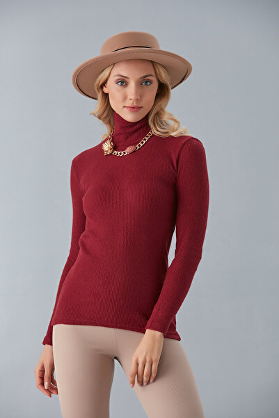 Cosy&Chic Пуловер с висока яка от памук в цвят бордо