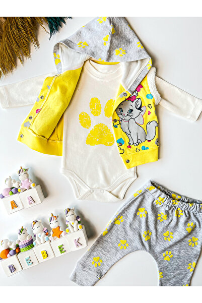 Aa Bebek Kız Bebek Kedili-Patili Kapüşonlu 3'Lü Takım