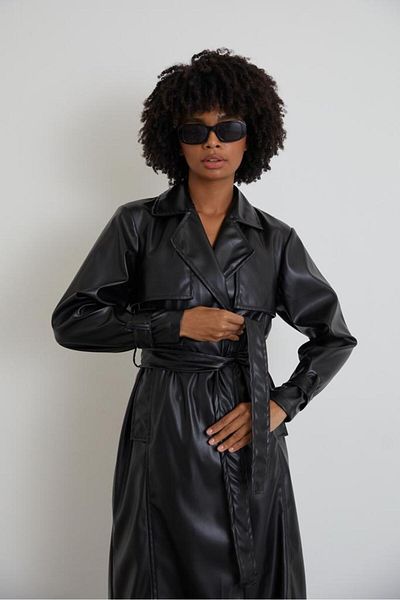 Mitay Women's Leather Long Coat Trench Coat
