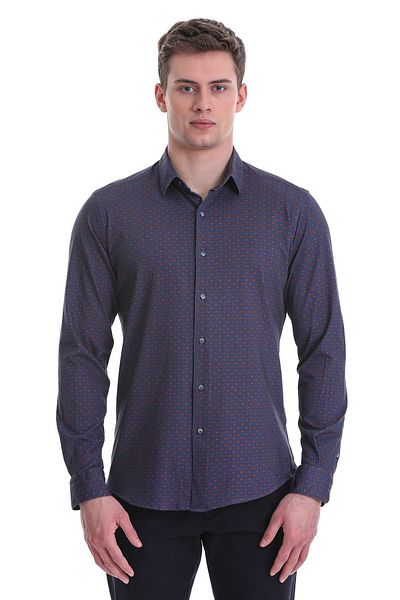 Hatemoğlu Μπλε Navy Slim Fit εμπριμέ 100% βαμβακερό μακρυμάνικο πουκάμισο με λεπτή λαιμόκοψη