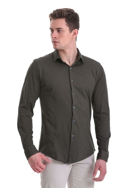 Hatemoğlu Yeşil Slim Fit Baskılı 100% Pamuklu Slim Yaka Uzun Kollu Baskılı Casual Gömlek