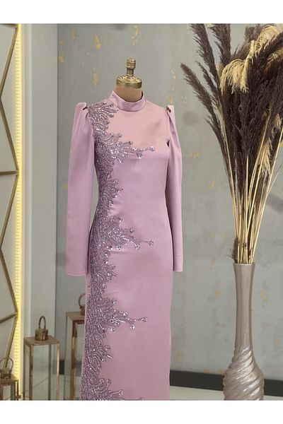 Surikka Front Applique Embroidered Pencil Crescent Hijab Evening Dress Lilac
