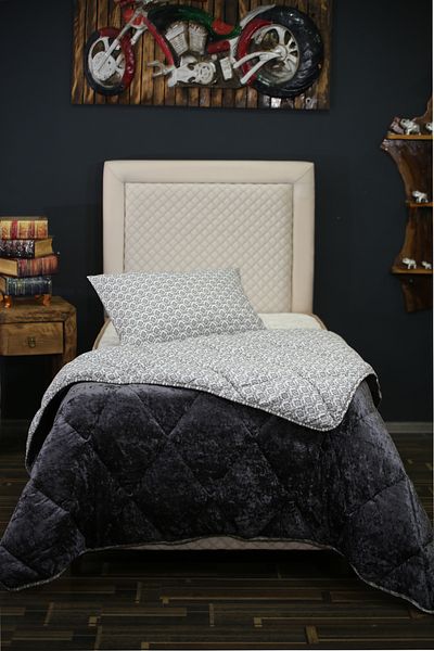 Tandoğan Mobilya Double Sided Velvet Quilt Set, Single Velvet Sleeping Set, Anthracite with Pillow Gift(155x215)