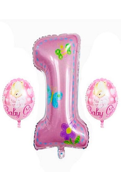 Kazanabil 3 PIECES 1 YEAR OLD BABY GIRL GIANT FOIL BALLON SET PINK